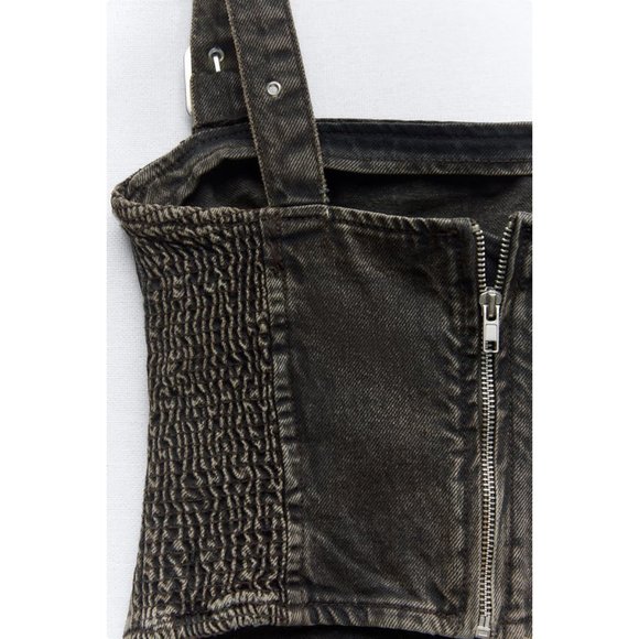 NWT TRF BUCKLED DENIM TOP, BLACK WASHED SMALL - Picture 9 of 11